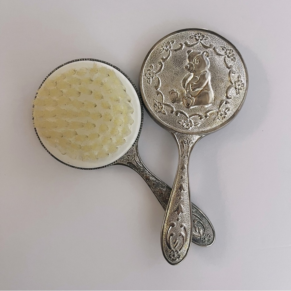 Vintage Silver Plated Baby Brush and Mirror, Teddy Bear Design Vanity Design